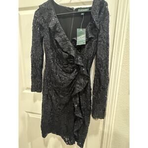 LAUREN RALPH LAUREN $180 Black Lace Ruffle Sequin Surplice Dress Size 6